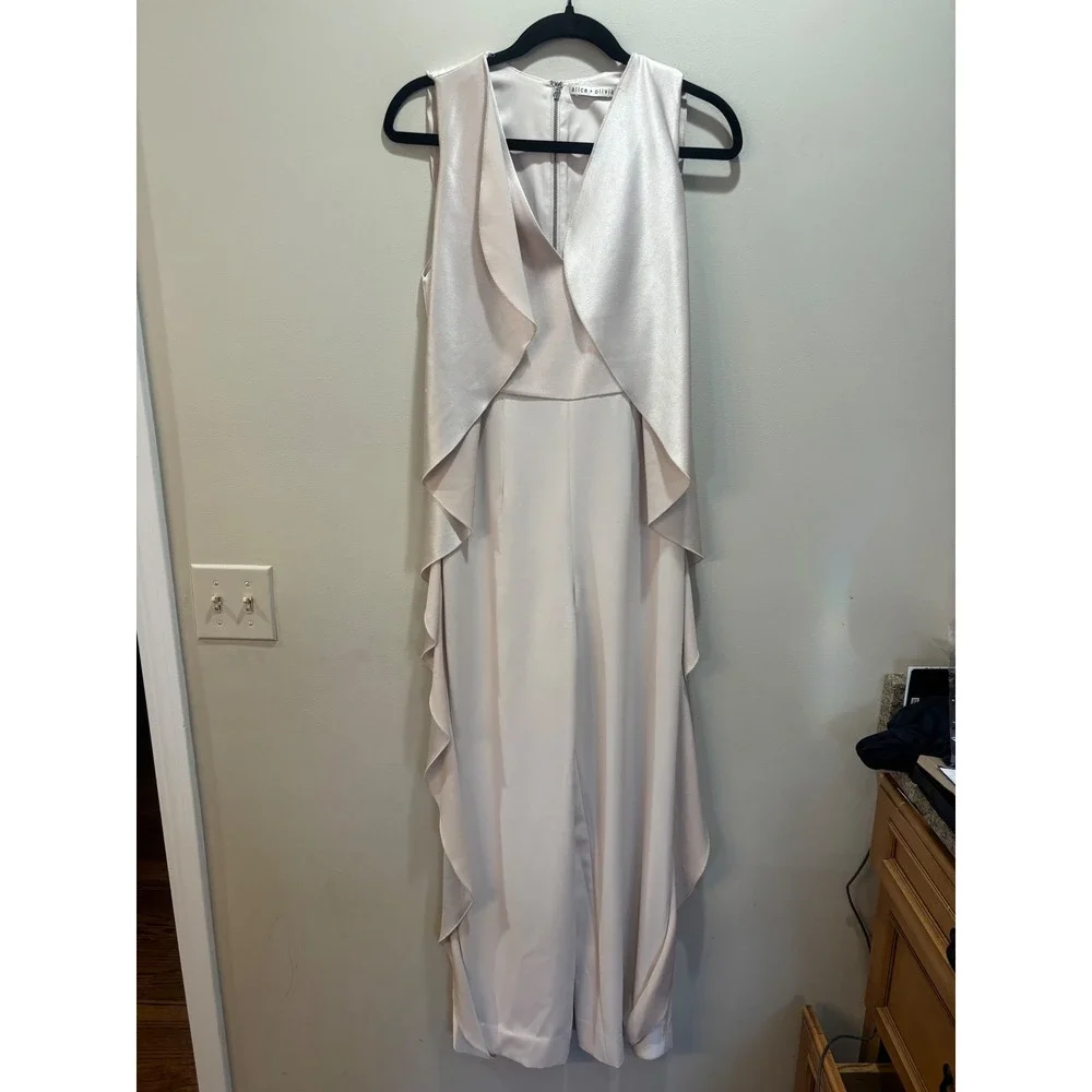 Alice + Olivia Cream Sarandon Satin Ruffle Wide Leg Jumpsuit Size 2 - Picture 2 of 14